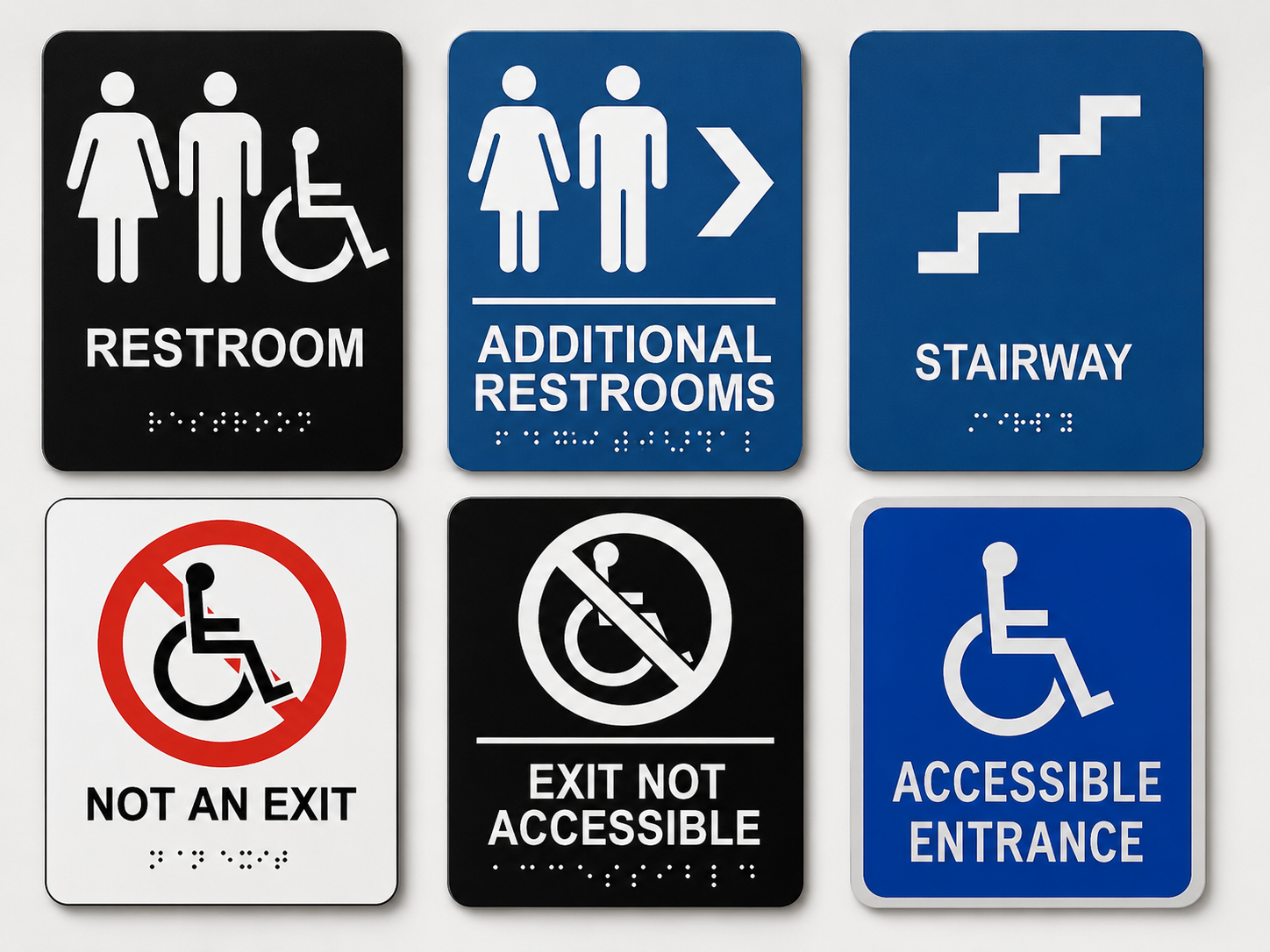 ADA signage bundle with restroom, accessible entrance, stairway, and exit signs