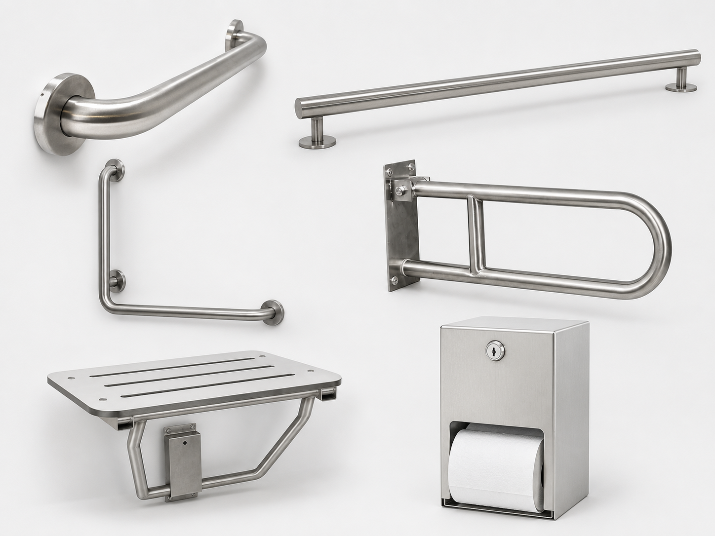 ADA grab bars folding seat and restroom accessory bundle